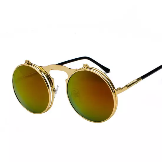 Round Metal Flip Up Sunglasses Retro John Lennon Circle Vintage Unisex Glasses