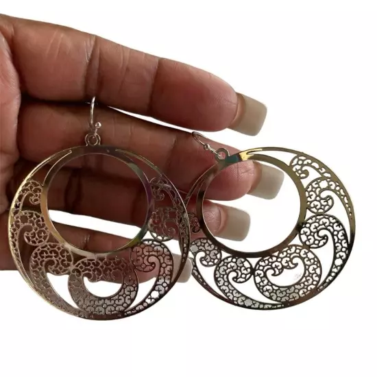 Round Hollow Open Filigree Silver Dangle Hoop Earrings 