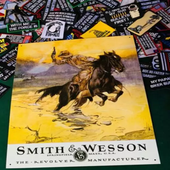 SMITH & WESSON HOSTILES METAL TIN SIGN W/ FREE PATCH vintage (1876)