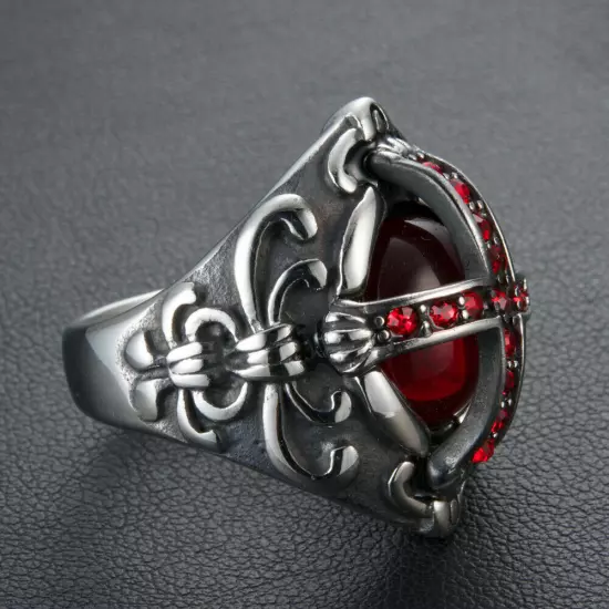 Gothic Cross Vampire Red CZ Blood Ring Stainless Steel Men Crusaders Biker Ring