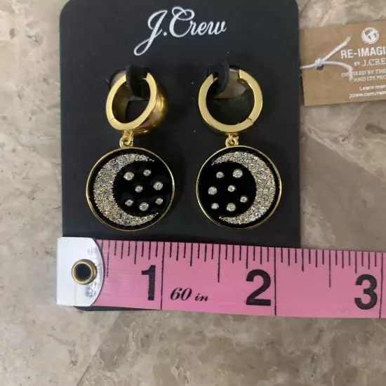 J. Crew Luna Coin Huggie Drop Statement Earrings NWT Pave Moon Celestial Enamel!