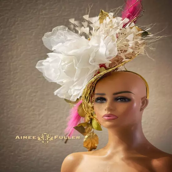 Aimee Fuller Kentucky Derby Hat Ascot Fascinator Gold Pink White Rose Del Mar