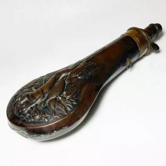 Copper Gun Powder Horn by James Dixon & Sons 19th Century Decorated 2 Sides