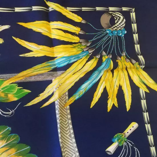 HERMÈS Scarf Carres 90 Navy Yellow Silk Pattern With Feathers Women France