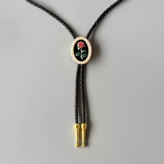 Vintage Pearl Trim Rose Flowers Bolo Tie For Women Wedding Necklace Western Gift