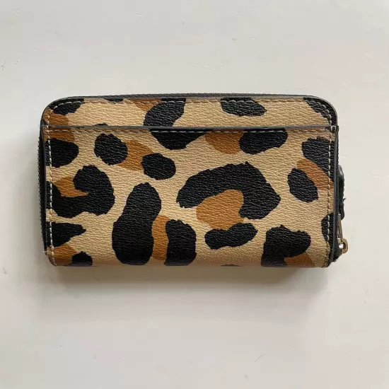 Coach New York Leopard Print Zip Up Bifold Wallet W/Black Leather Interior