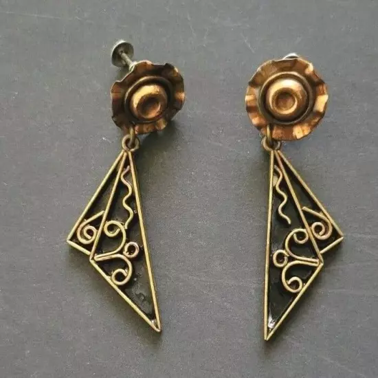 1960s Earings Copper & Enamel Unique Rare Dangle Screw backing Estate Jewelry 