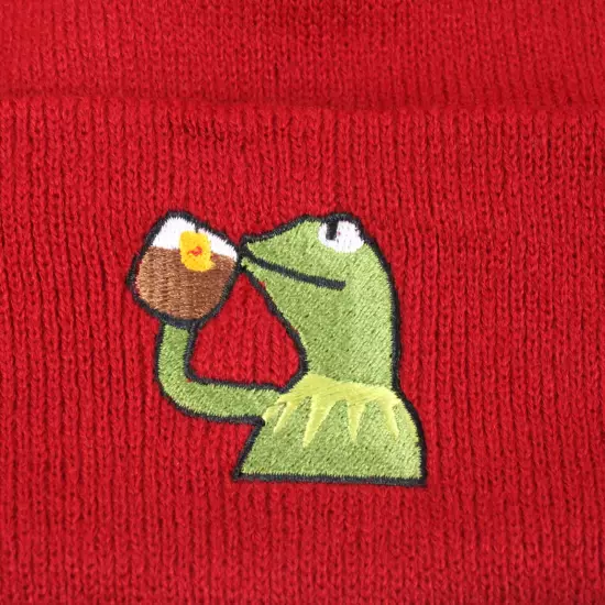 Unbranded Kermit Sipping Tea Embroidered Beanies in Grey & in Red (OS) Lot of 50