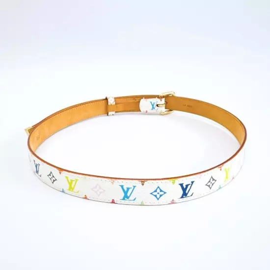 LOUIS VUITTON Belt M9272U Santur Carre Monogram Multicolor White PVC Auth YK551