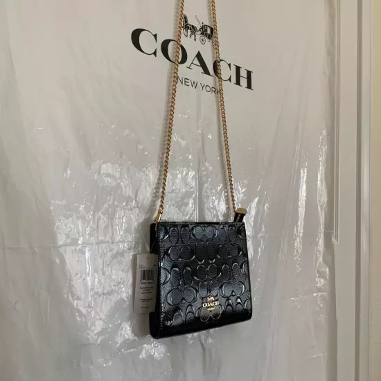 NWT COACH CV407 Slim Crossbody Bag in Signature Patent Leather Black