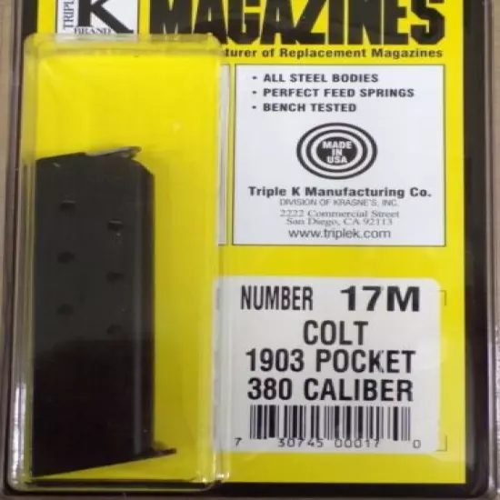 Colt Pocket M-1903-1926 380 ACP 7 Round RD Magazine Mag Blued Steel Triple K 17M