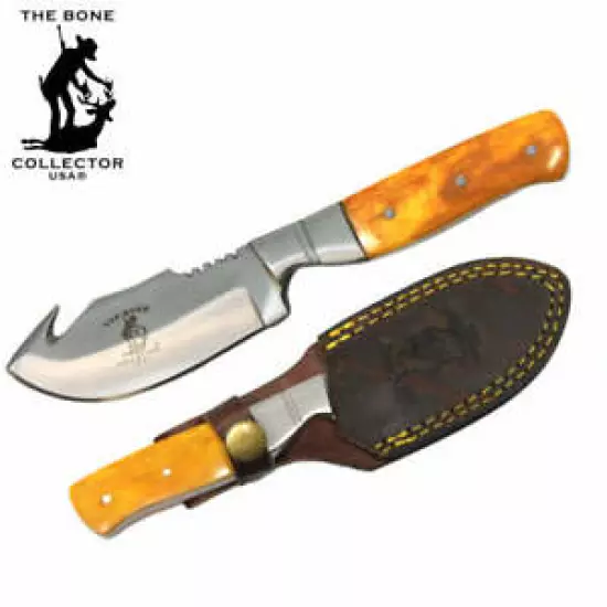 7.5" Bone Collector Yellow Bone Gut Hook Blade Skinning Hunting Knife with Leath