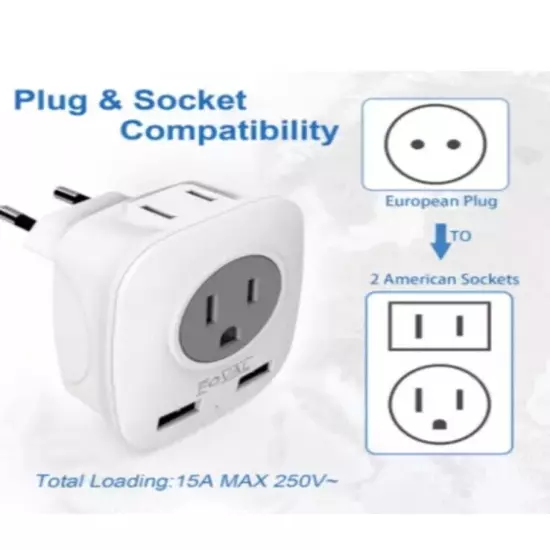 European Plug Adapter with 2 USB, Europe Travel Plug Adapter 3-PACK