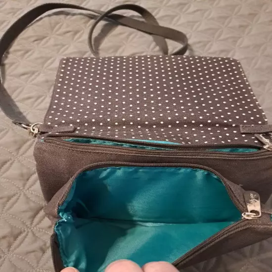 Thirty One Double Up Crossbody Purse Gray White Polka Dot Turquoise Lining