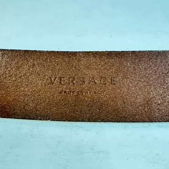 Versace Brown Genuine Leather BELT Buckle Sz 34 Engraved Buckle