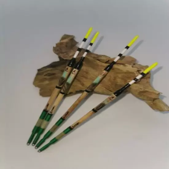 Handmade Tench Lifter Floats Inlaid Kingfisher Feather Set Of 4 Yellow Tips