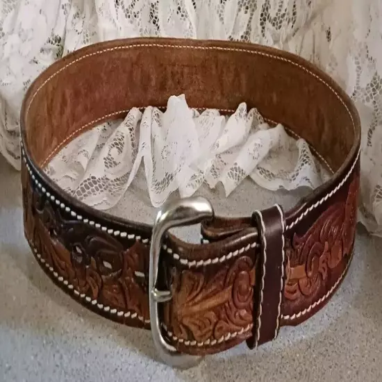 Nice Western Genuine Leather Belt Floral Hand Tooled ~ Removable Buckle Sz 28-33