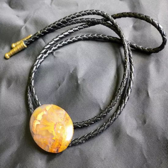 Bolo Tie Black Leather Gold Color Aglets Handmade Stunning Sunburst Resin VTG