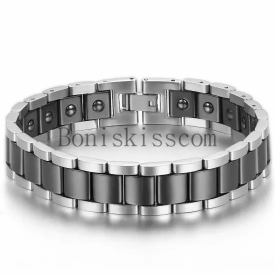 13mm Wide Men's Ceramic Link Stainless Steel Power Therapy Magnetic Bracelet