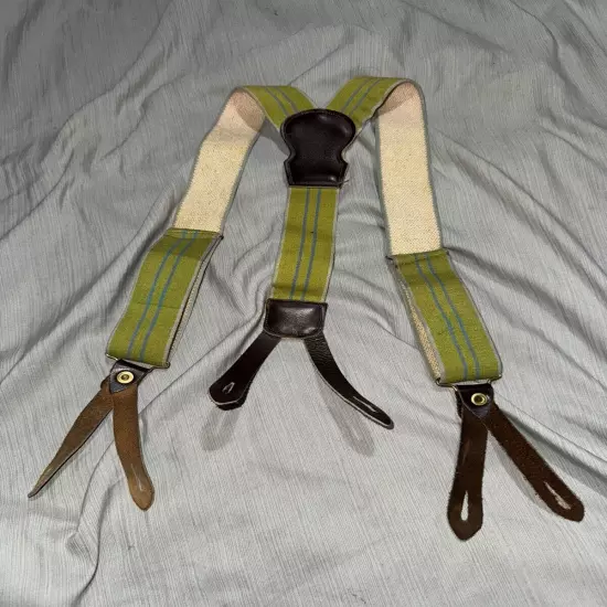 Vintage 1950s Police Brace Y-Back Suspenders Stripe Green Leather Tabs