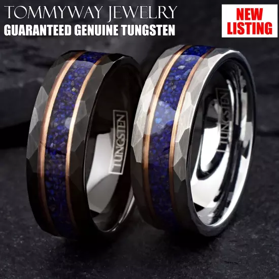 Tungsten Carbide Black or Silver Blue Lapis Rose Gold Plated Wedding Band Ring