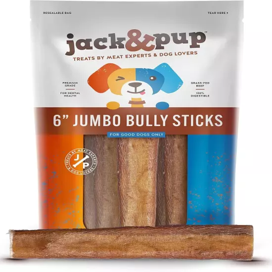 Jack&Pup 6-inch Premium Odor Free 12 Count (Pack of 1), Jumbo Bully Sticks 