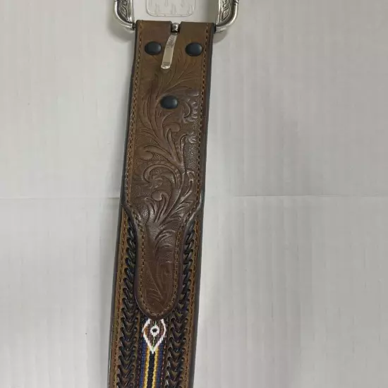 “3D Leather Belt with Embroidered Pattern and Braided Trim” Size 34