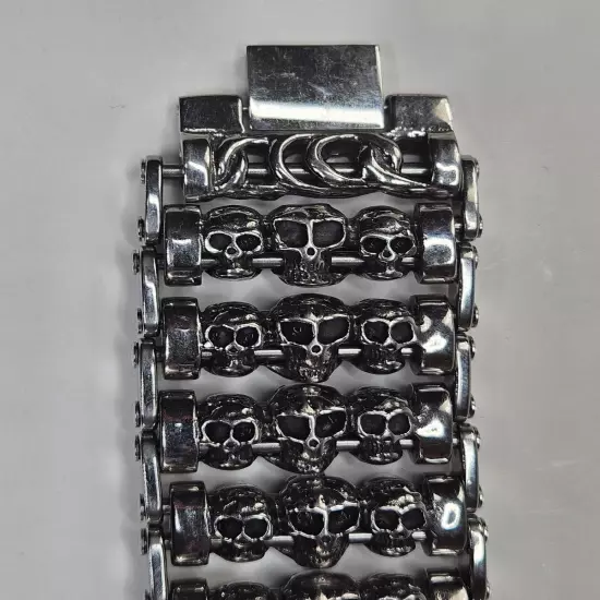 Men Silver Stainless Steel Bracelet Skull Chain Link Biker Goth 8.5"L x 1.25"W