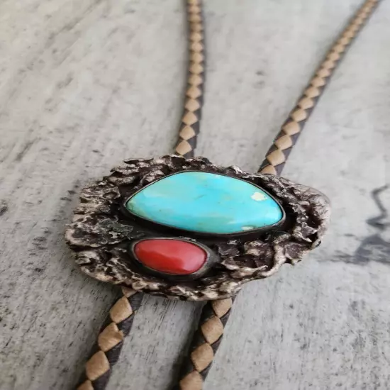 Vintage Navajo Sterling Silver With Turquoise And Coral Stone Bolo Tie