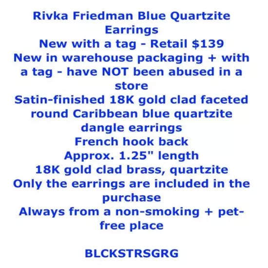 Rivka Friedman Blue Quartzite Earrings 18K Gold Satin Finish $139 Caribbean Blue