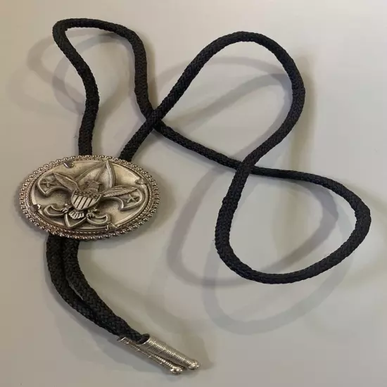 Vintage Silver Tone Boy Scout Bolo Tie Black Cord Men's Jewelry