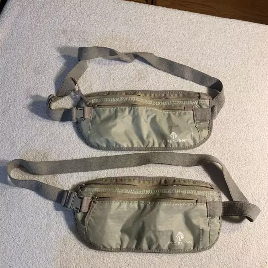 Lot of 2 Eagle Creek Travel Gear Tan Fanny Pack Zip Pouch Passport RFID Blocking