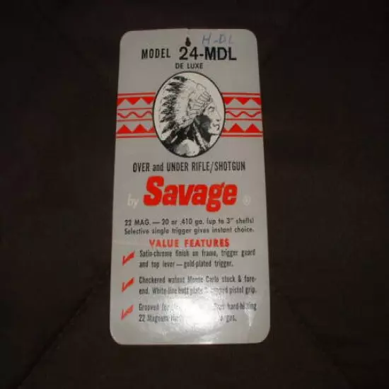 VINTAGE ORIGINAL SAVAGE MODEL 24-MDL ADVERTISEMENT SALE CARD! .22 WMR OVER UNDER