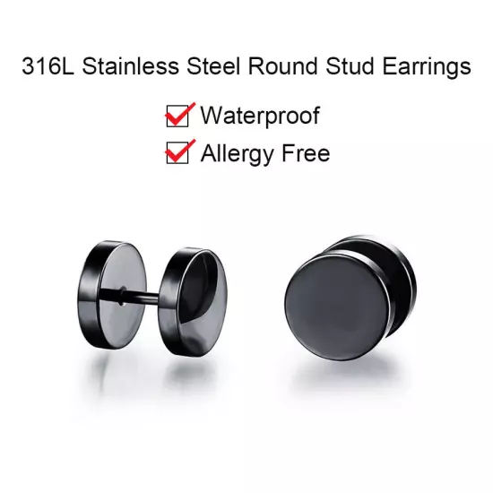 Pair Black Flat Round Barbell Plug Stud Earrings GYM MENS Stainless Steel 3-14MM