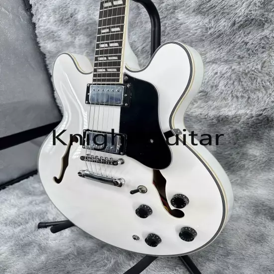 Semi Hollow ES-335 White Electric Guitar HH Pickup Black Pickguard Maple Neck 