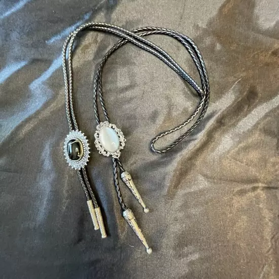 2 Vintage Bolo Tie Moontone White & Black Vintage Country Western Cowboy Cowgirl