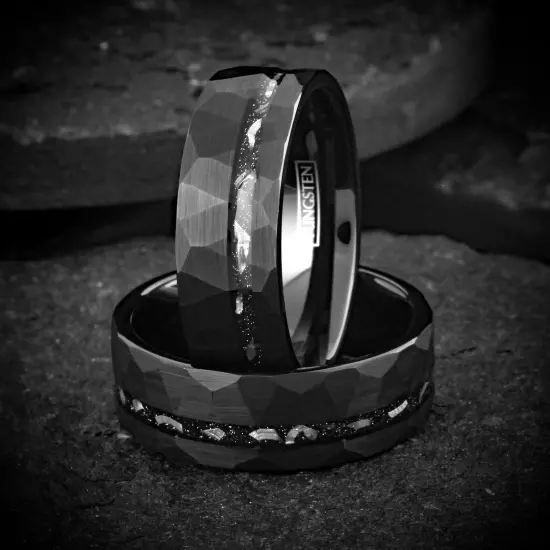 8mm Black Tungsten Men's Faceted Faux Meteorite Striped Wedding Band Ring