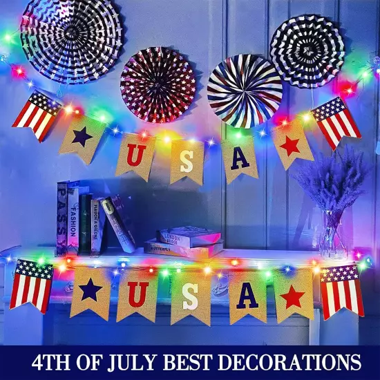 2 Pack American Flag Burlap Banners with Lights, 4th of July Decorations USA ...