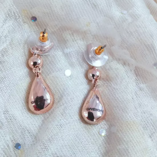 DESIGNER GIVENCHY SIGNED Champage RHINESTONE TEAR DROP DANGLE ROSEGOLD EARRINGS