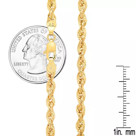 10K Yellow Gold Light 2mm-4mm Diamond Cut Rope Chain Necklace 16"- 30" Hollow