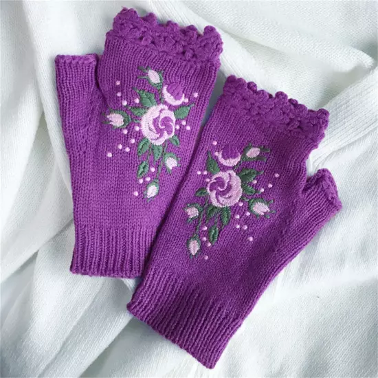 Women Handmade Embroidery Gloves Knit Gloves Flower Gloves Hand Knit Fingerless