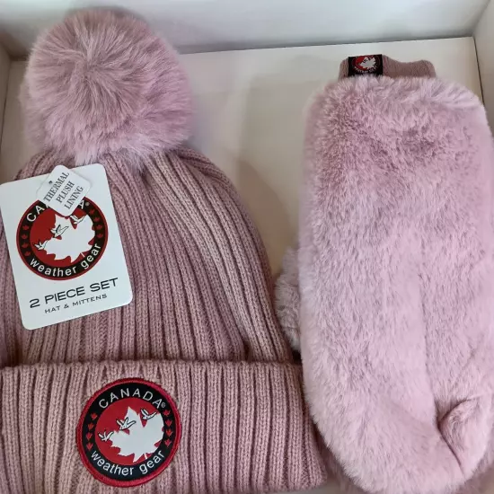 Canada Weather Gear Hat and Mittens Logo Pink Thermal Plush Lined Set NIB Winter