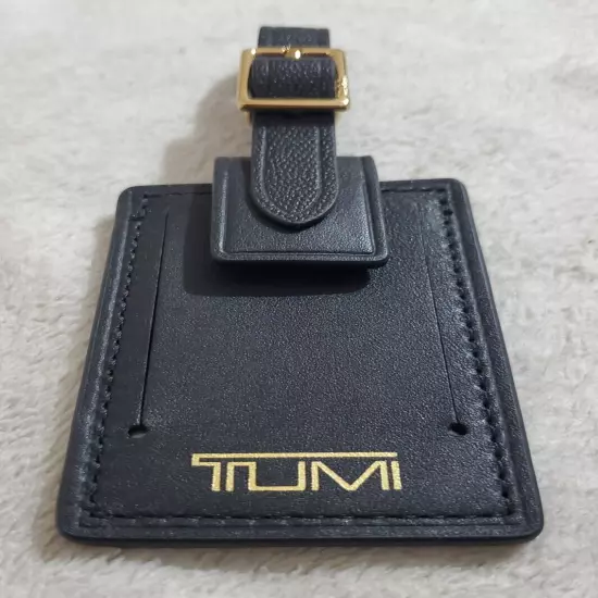 New Tumi Black Leather Luggage Name Tag with Gold-Tone Buckle