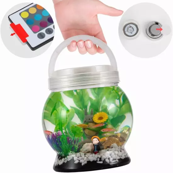 Small Betta Tetra Fish Tank Decorations Set-Aquarium with 20 Color LED Lighting,