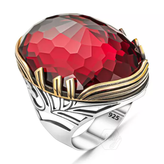 925 Sterling Silver Faceted Red Cubic Zirconia Stone Turkish Huge Men's Ring