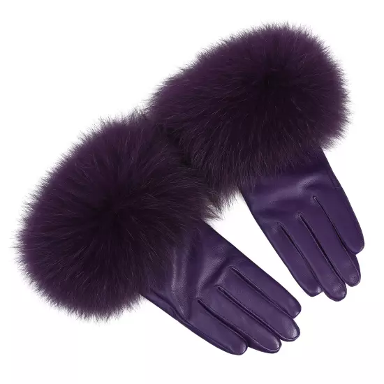 Women Genuine Lambskin Leather Gloves With Real Fox Fur Trim Cuff Winter Warm