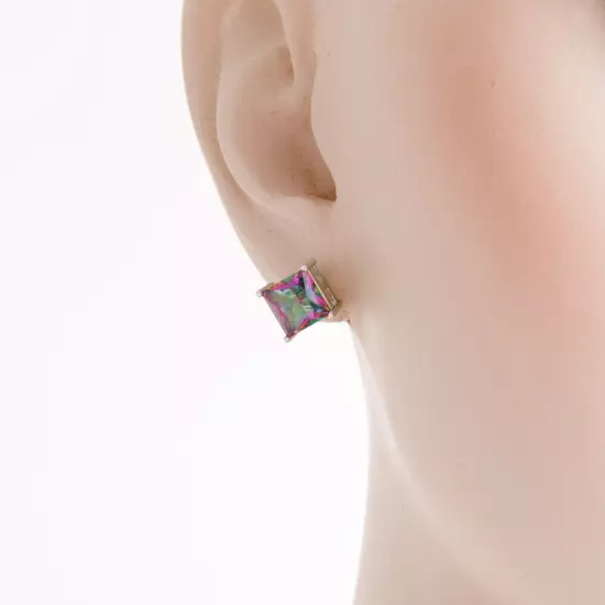 8x8 Princess Rainbow Mystic Topaz Silver Jewelry Women Stud Pierced Earrings