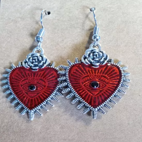 Red Enamel with Evil Eye, Heart shaped, Silvertone, Pierced Dangle Earrings Goth