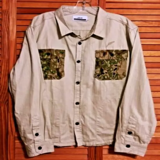 DUBLISH MEN’S HUNTING SHIRT X-LARGE TAN CAMOUFLAGE POCKETS DUBLISH LOGOS LS