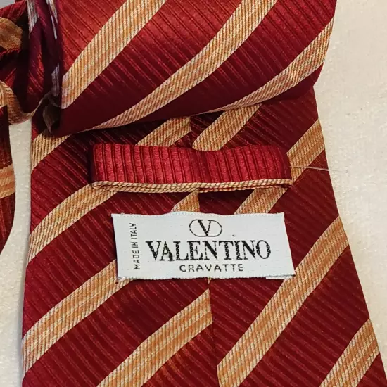 Valentino Mens 100% Silk Neck Tie Striped Red Tan Pattern Designer Tie Cravatte